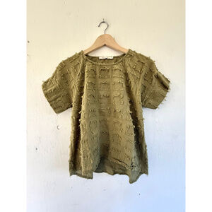 Ellison Olive Green Textured Fringe Boxy Cotton Top - Small